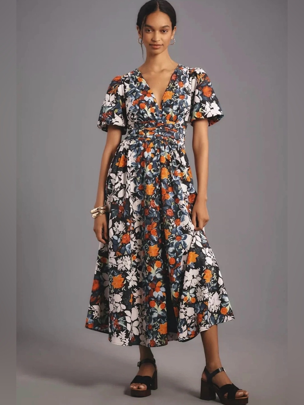 Anthropologie Katerina Button-Front Midi Dress Black Floral